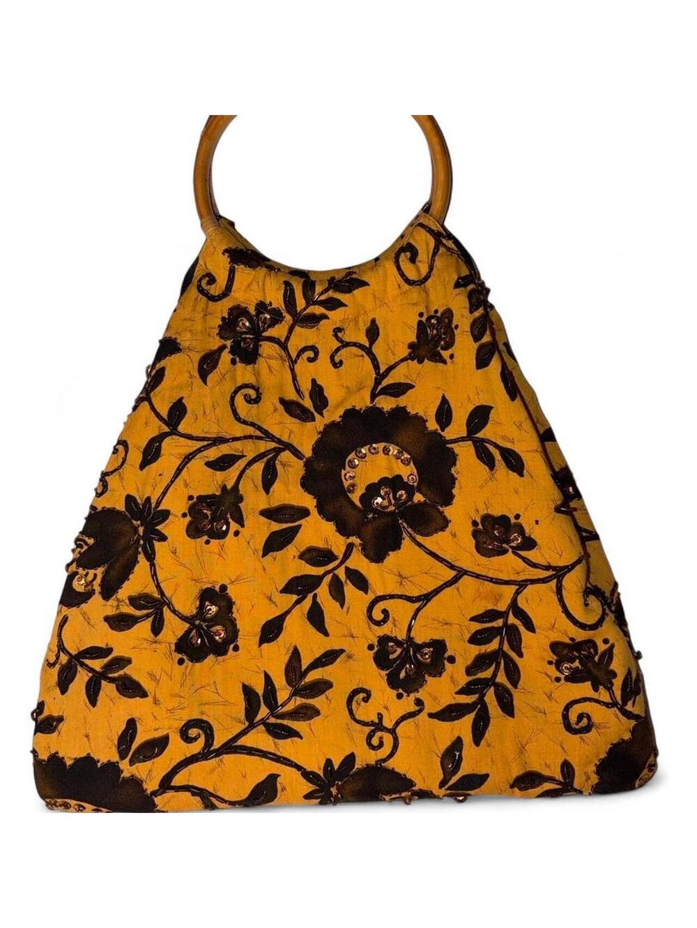 Vintage Island X Hawaii Batik Floral Handbag with Bamboo Ring Handles